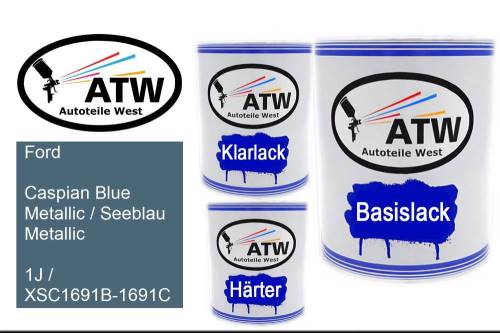 Ford, Caspian Blue Metallic / Seeblau Metallic, 1J / XSC1691B-1691C: 1L Lackdose + 1L Klarlack + 500ml Härter - Set, von ATW Autoteile West.
